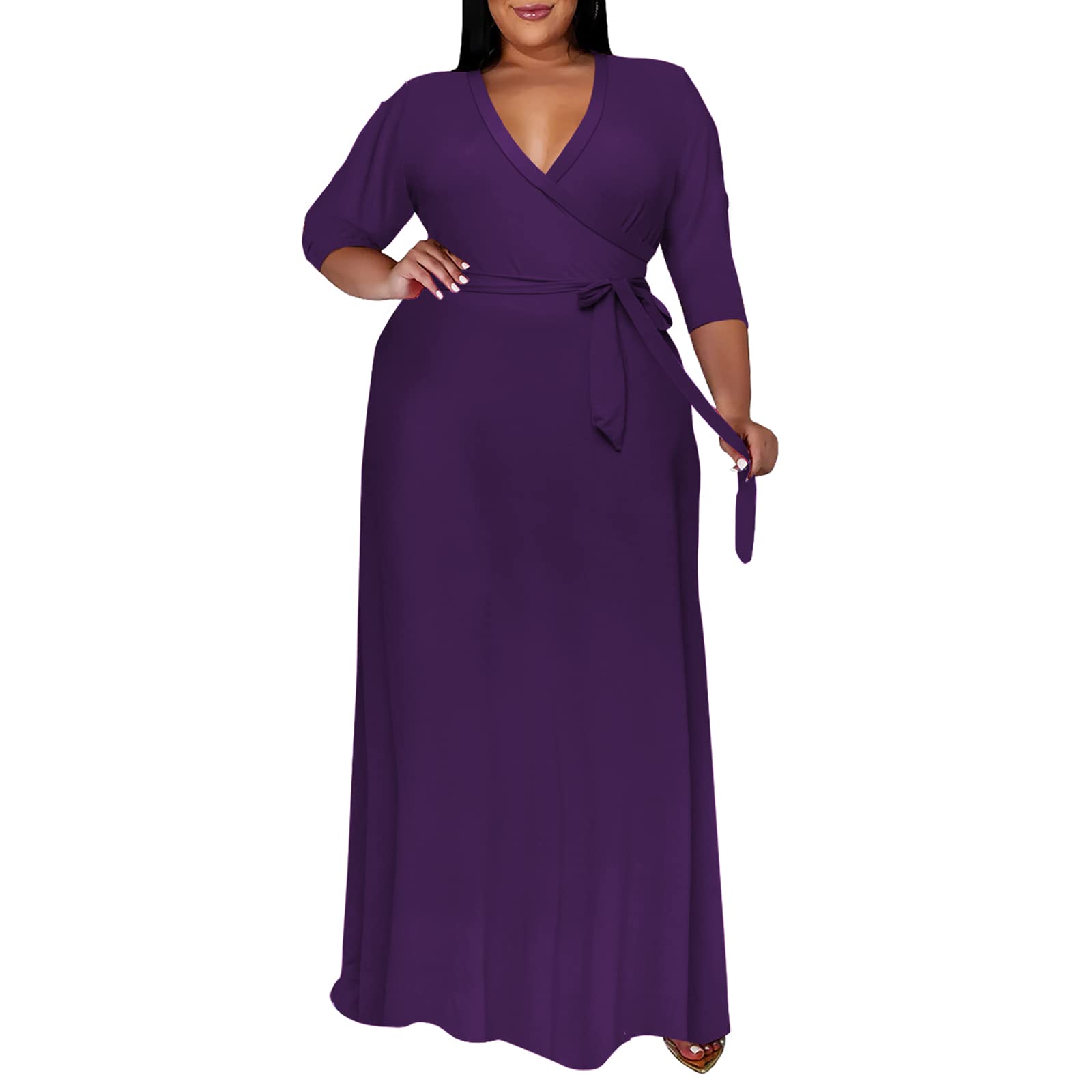 Runwind Plus Size Maxi Dress With Pockets - 3/4 Sleeve V Neck Printed Dress For Curvy Women
