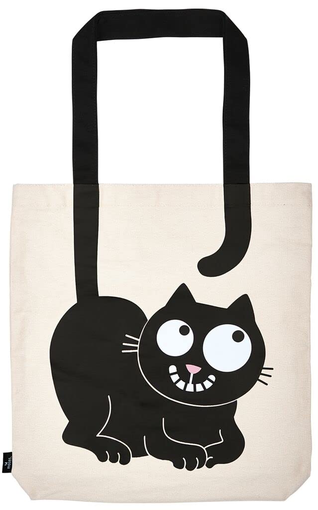 moses Ed, the Cat Cotton Shopper Fabric Bag 100% Cotton with Cat Motif, Shopper with Stand for Shopping, Office or University, 39 x 42 cm, Natural Black, 39 cm x 1E+1 cm x 42 cm, Carry me