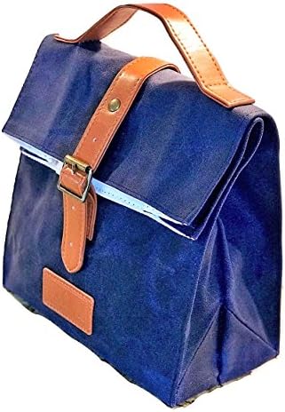 MiM Houston Canvas Lunch Bag for Men & Women Waxed canvas Eco-Friendly Insulated Cotton Lining Water Resistant Navy color Vintage Style Handmade