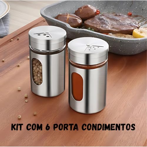 Kit 6 Porta de Temperos Saleiro Pimenteiro Inox e Vidro Conjunto Premium Aço Inoxidável com Visor Tampa Giratória 3 níveis para Condimentos de Cozinha