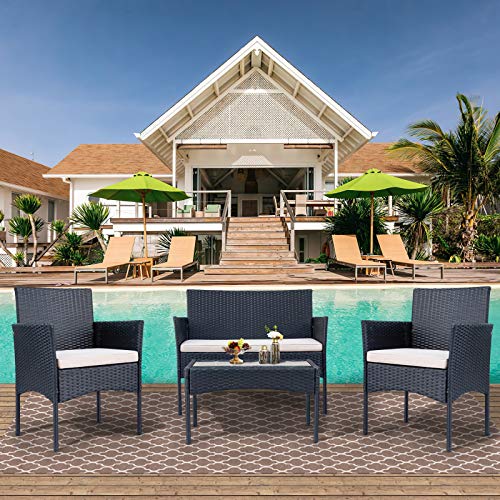 Gartenlounge Set, Balkonmöbel Set für 4 Personen, Schwarz,Polyrattan Sitzgruppe Mit 2-er Sofa, 2 Singlestühle,Glastisch… – Bild 4