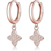 SLUYNZ 925 Sterling Silver CZ Leaf Clover Hoop Earrings for Women Teens Clover Huggie Earrings Drop