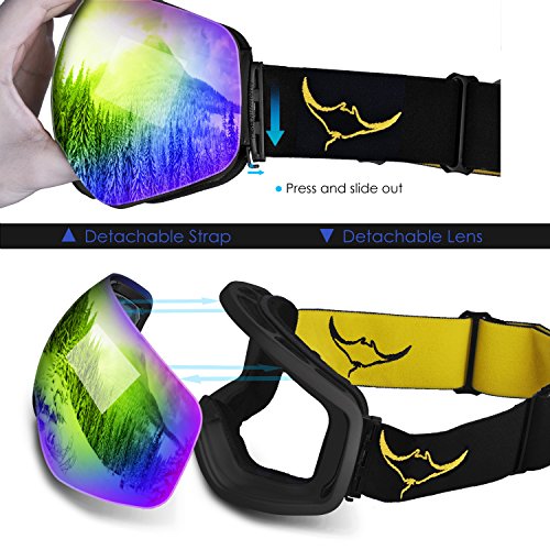 Ski Goggles, Frameless Snowboard Goggles Interchangeable Double Lens with Longer Elastic Strap&Protective Case for Men Women Youth - Anti Fog, 100% UV400 Protection, FDA & CE Green(VLT24.3%)) - Thumbnail 5