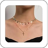 Andelaisi Boho Layered Cross Choker Necklace Tiny Rainbow Gemstone Necklace Choker Vintage Cross Pendant Necklace Colorful Cz Cross Dangle Necklace Chain Jewelry for Women