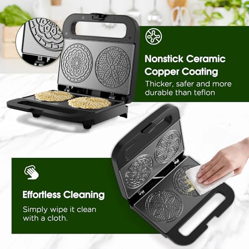 Pizzelle Maker Machine, Mini Non-stick Electric Pizzelle Cookie Baker for Holiday, Party, Treat (Ceramic Coating, 2 * 4
