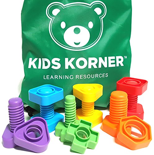 Jumbo Nuts & Bolts Set + Pattern Card & Backpack 12 pc - Montessori Materials Fine Motor Toy Matching Toddler Game Colors and Shapes Occupational Therapy Autism