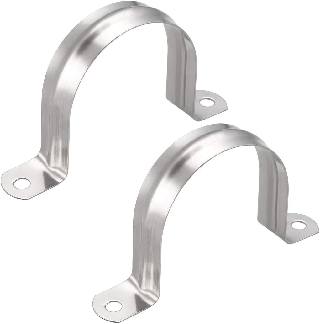 sourcing map 60mm(2.4") Rigid Pipe Strap, 2 Holes 304 Stainless Steel Tension Tube Clip Clamp 2pcs, Silver