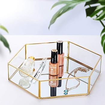 Pasutewel Vintage Glass Tray Perfume Tray Decorative Jewelry Makeup Accessories Organizer Metal Mirrored Ornate Tray for Bathroom, Countertop, Badroom (Size 2)