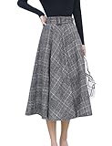 Tanming Women's Elastic Waist Belted Wool Blend Check Plaid Midi Skirt (Medium, Blue)