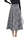 Tanming Women's Elastic Waist Belted Wool Blend Check Plaid Midi Skirt (Medium, Blue)