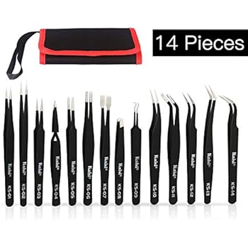 Kaisi 14 PCS Precision Tweezers Set, ESD Tweezer Set, Anti-Static Stainless Steel Tweezers Set for Craft, Jewelry, Electronics, Laboratory Work