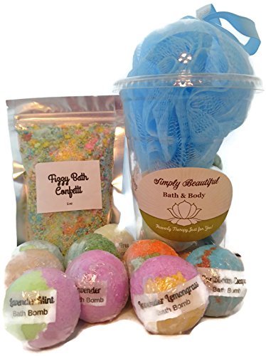 Bath Bomb Gift Set Kit - Milkshake cup of 9-Half FIZZY BATH BOMBS w/Various Lush Type Bath Bomb Fizzies & Blue Loofah. Also includes 1-5oz. Fizzy Bath Confetti