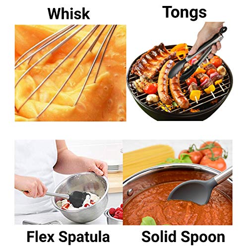 12 Piece Silicone and Stainless Steel Kitchen Cooking & Serving Utensil Set, Includes Solid Spoon, Slotted Turner, Slotted Spoon, Ladle, Skimmer, Tongs, Pasta Server, Potato Masher & Whisk - Thumbnail 4