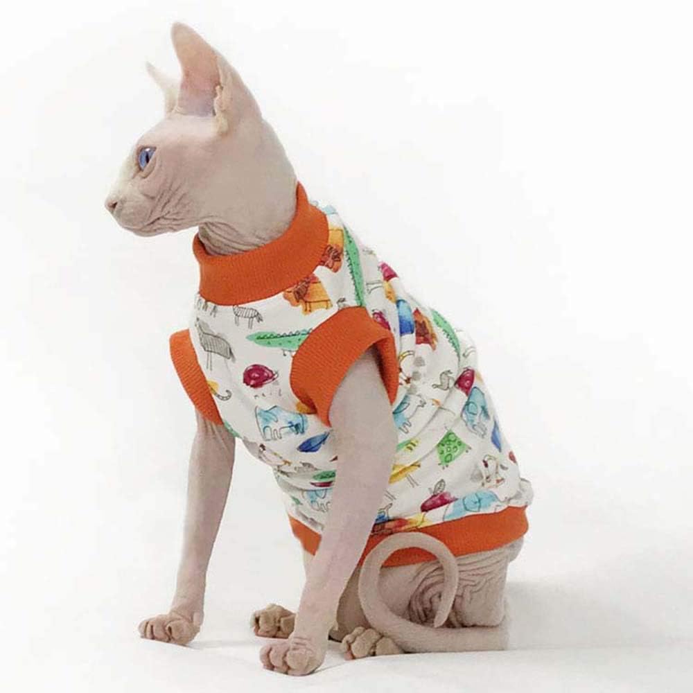 Khemn Luxury 丨HANDMADE 丨100% Cotton Skin-Friendly White Orange Animal-Print Fashion Cat Shirt Cat Vest Cat Clothes -Best for Hairless Cat