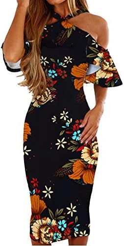 MurimiaWomens Dresses Summer Off The Shoulder Ruffle Floral Print Bodycon Midi Dress