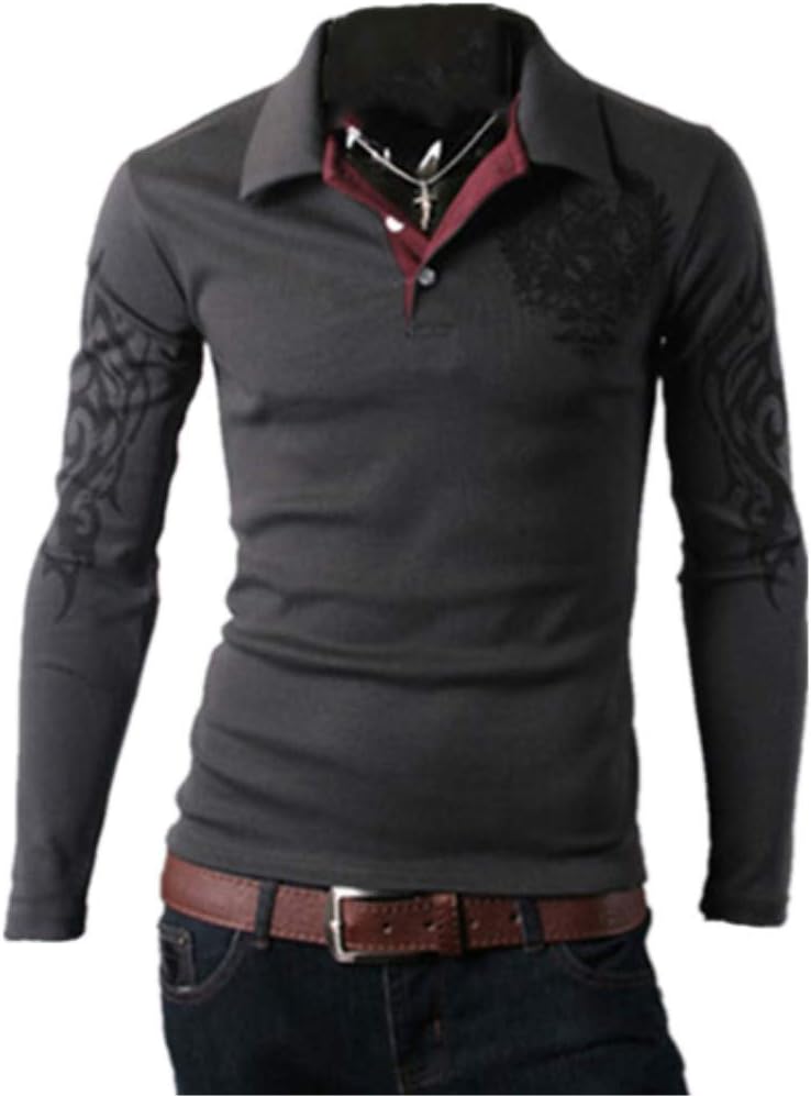 Mens Printing Cotton Polo T Shirt Long Sleeve Pique Casual Golf Top