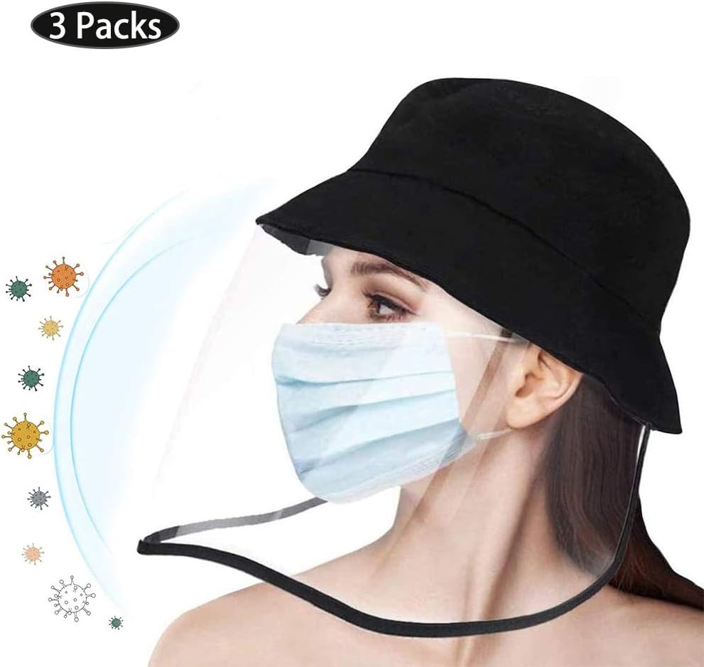 Safety Face Shield Visor Clear Facial Head Eye Coverage Anti Spitting Protective Hat Cover Outdoor Fisherman Adjustable Size UV Dust Removable for Men and Women and Kid, Pack of 3 Black