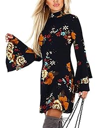 YOINS Vestido de mujer con estampado floral al azar Perkins Collar Mangas acampanadas Mini Vestidos