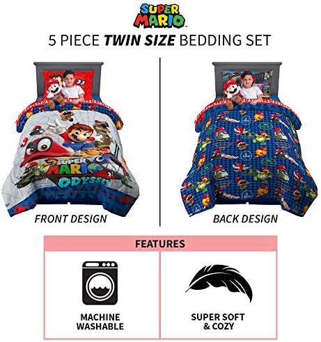 Super Mario themed bedding set including a comforter, pillow, and sheet.