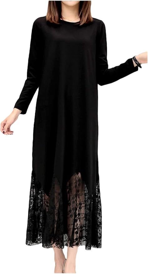 Amazon Co Jp エムズ モア ロングワンピース 長袖 秋 無地 レース カジュアル 黒 S 3l 服 ファッション小物