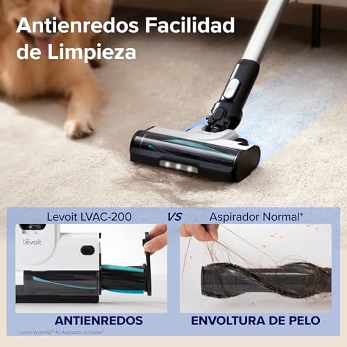 Aspirador de pó sem fio levoit, anti-emaranhado, aspirador de vassoura máx. 50min, aspirador de pó sem fio 4 em 1 com bateria removível, filtragem de 99,9%, aspirador de pó para animais de estimação/tapetes/carros/pisos duros