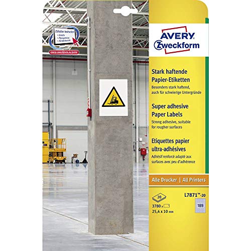 Avery Zweckform L7871 - 20 x A4 Paper Labels 3.780 Sheets Extra Strong 25.4 x 10 mm 20 Sheets White