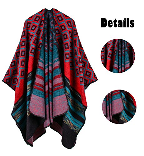 Ponchoï¼ŒJelinda Women's Reversible Tassel Hem Batwing Sleeves Cape Poncho Cloak Jumper (Red)