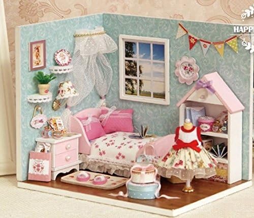 Simply Maker - Wooden Dollhouse Miniature DIY House Kit Cover LED Sweet Dream Bedroom Toy Christmas Birthday Gift (Lovely Pink)