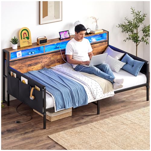 112*195*105CM Grande Sofa, Sofá Cama, Sofá Cama Individual con Respaldo con Almacenaje, luz LED y Toma de Corriente, Sofá Para Sala Apto Para Colchón de 100*190 (Sin Colchón)（Color Retro）