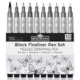Brite Crown Black Fineliner Pens - Set of 10 Various Size Tip Drawing Pens - Illustration Pens Range 0.2mm to 1.0mm Width Tips, Plus 2.5mm Calligraphy Brush-Tip Pen