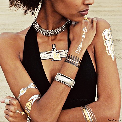 Flash Tattoos CHILD OF WILD Authentic Metallic Temporary Jewelry Tattoos 4 Sheet Pack (Black/gold/silver) Includes over 27 assorted premium bohemian inspired waterproof tattoos