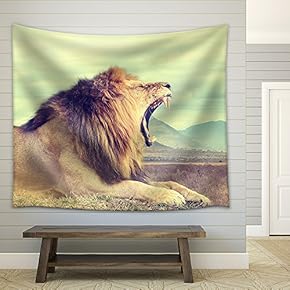 Wild African Lion. Vintage Effect. National Park of Kenya, Africa - Fabric Wall Tapestry Home Decor - 51x60 inches