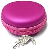 Pink Carrying Leather Case for Fitbit Flex Force Charge Charge HR One Zip Band Wireless Activity Bracelet Sport Wristband Bag Holder Pouch Hold Box Pocket Size Hard Hold Protection Protect Save + Nice Crystals Feather Brooch