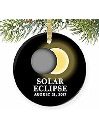 Solar Eclipse Ornament August 21 2017 North America Total Partial Sun Moon Totality Christmas Tree Gift Idea 3" Flat Circle Porcelain Ceramic Ornament Keepsake Present Gold Ribbon & Gift Box OR00323