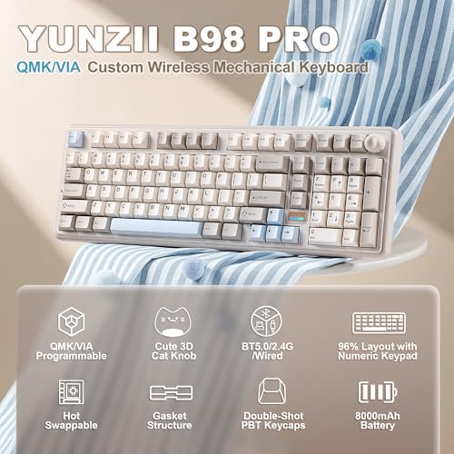 YUNZII B98 PRO QMK/VIA Wireless Mechanical Gaming Keyboard, 96% Layout with Numpad and Cute Cat Knob, BT/2.4G/USB-C, Hot Swap Custom Gasket Keyboard, RGB for Win/Mac (Beige, Candy Linear Switch)
