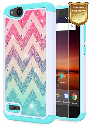 ZTE Blade Vantage Case, ZTE Avid 4 Case, ZTE Tempo X Case, ZTE Fanfare 3 Case with [Tempered Glass Screen Protector], NageBee [Hybrid Protective] Armor Cover [Studded Rhinestone Bling] Case -Wave