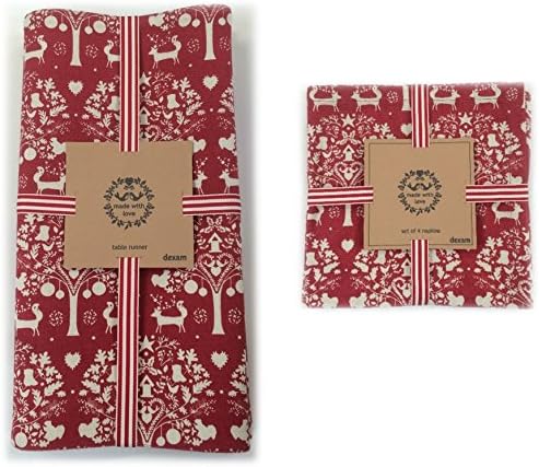 Festive Rustic Red & Cream Nordic Christmas WINTER WONDERLAND - Quality Fabric Christmas TABLE RUNNER & 4 NAPKINS