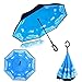 Double Layer Wind Proof, UV Proof Reverse Folding Inverted Umbrella Travel Umbrella with C Shape Handle and Carrying Bag-Sky Blue