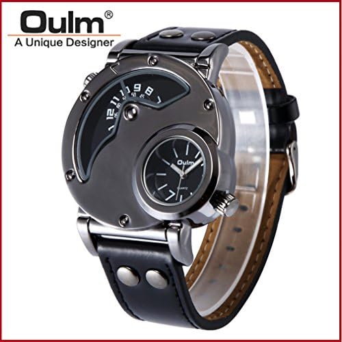 OULM watch,Mens Dual Time Quartz Analog Wrist Watch with Unique Dual Dial Design,Steel Case,Comfortable Leather Band,Two Time Zone - Black (D, 1)