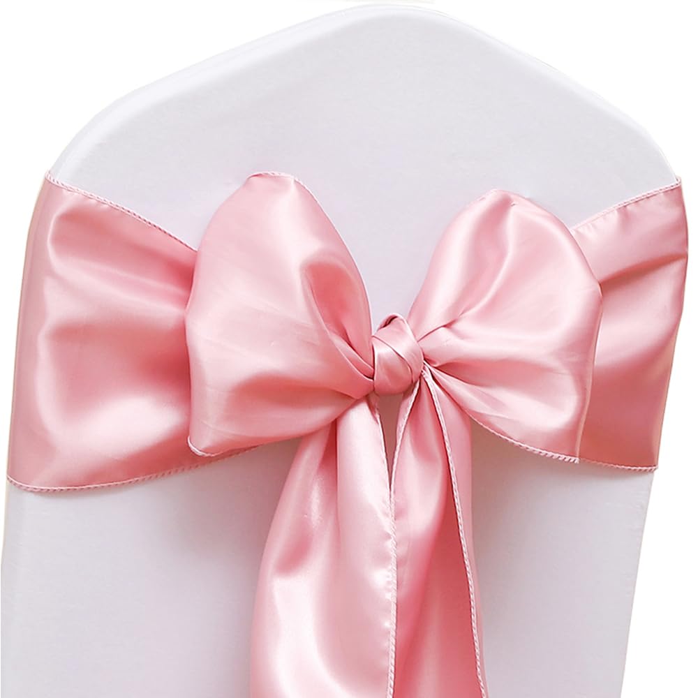 Photo 1 of JFDYDM 50 Pack Satin Dusty Pink Chair Sashes for Birthday Wedding Party Baby Shower Gender Reveal Decorations, Dusty Pink Satin Chairs Bows Sashes for Folding Chairs Banquet Chair