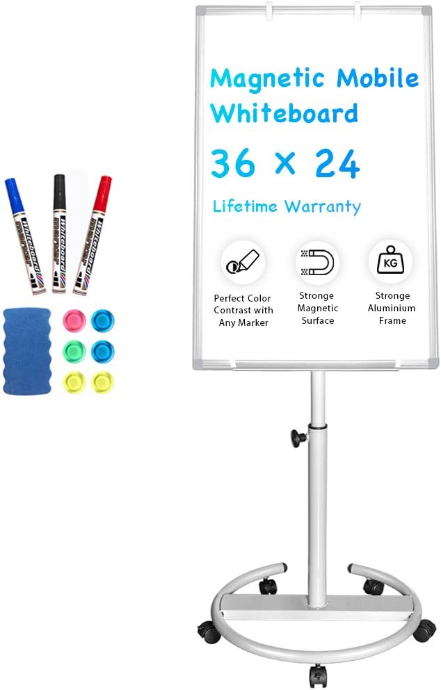 Mobile Whiteboard – 36 x 24 inches Portable Magnetic Dry Erase Board Stand Easel White Board Dry Erase Easel Standing Board w/Flipchart Hooks