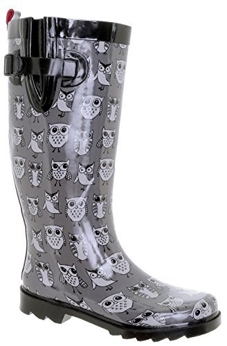 Capelli New York Shiny Sketchy Owls Print Tall Sport Body Ladies Rain Boots Grey Combo 6