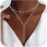 Luxval Lariat Gold Necklace for Women, Dainty Long Necklace 14k Gold Plated/Silver Y-Shaped Pendant Necklaces Trendy Beaded Chain Drop Necklaces Jewelry for Women Gifts