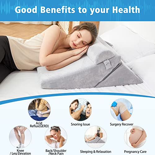 3PCS Bed Wedge Pillow, Memory Foam Top Adjustable 9 & 12” Folding Incline Cushion, Elevated Wedge Pillow for Back and Leg | Acid Reflux, Anti Snoring, Post Surgery, Sleeping - Machine Washable Cover