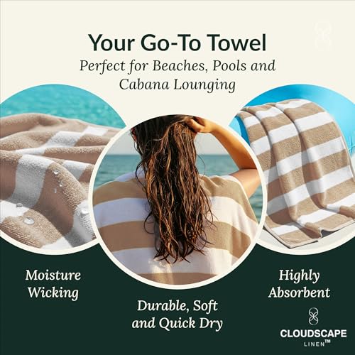 Cloud Scape Linen 6 Pcs Oversized Cotton Beach Towel Set | Quick Dry, Highly Absorbent & Extra Large 76x152 cm Pool Towels | Beige Cabana Stripe for Family, Travel, Gym, & Picnic