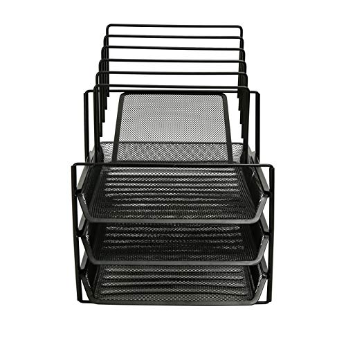 Exerz Desk Organizer Wire Mesh 3 Layer Sliding Letter Trays with 5 Upright Sections/Dividers/Paper Sorter/Desk Multifunctional File Holder Filing Shelves for Office, School Black (EX2428-BLK)