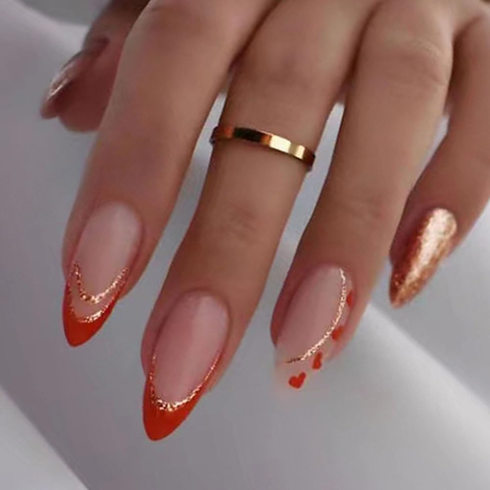 Mgmxbsth 24Pcs Almond Fake Nails,Orange and Gold Press on Nails,Gradient Fake Nails with Glitter Shine Design, Stick on Nails with Designs Stick for Women and Girls (Passion)