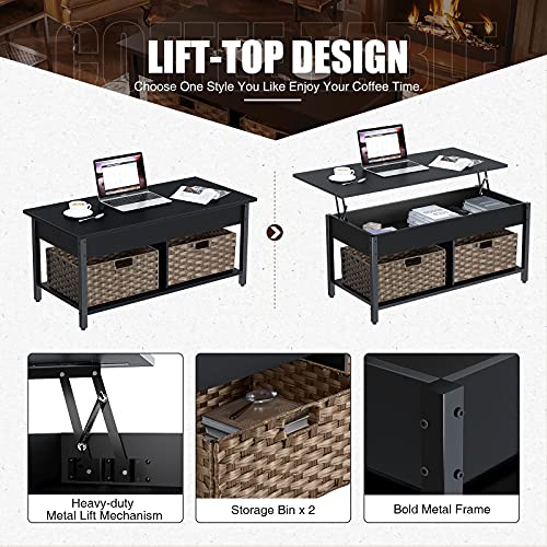 Rolanstar Coffee Table Lift Top, Coffee Table with Hidden Storage Compartment and 2 Rattan