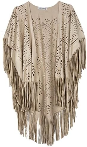 CHARLES RICHARDS CR Women's Suedette Laser Cut Asymmetric Fringed Cape Tasseled Kimono Blouse