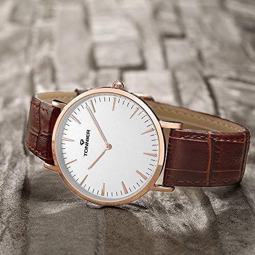 Tonnier Stainless Steel Slim Men Watch Quartz Watch Black Face (Brown Leather with Rose Gold Case)